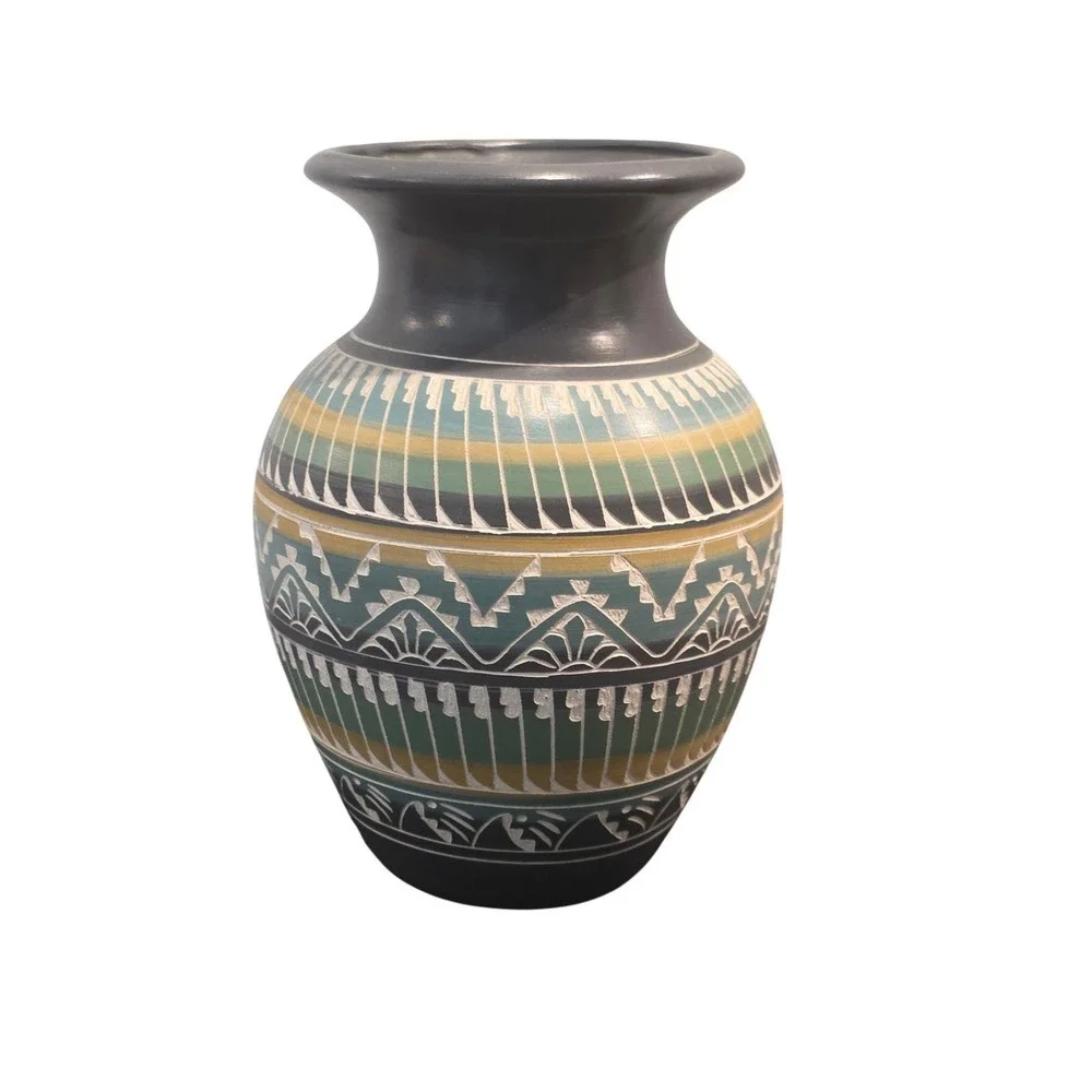 S Dennison Navajo Dine Etched Sgraffito Pottery Vase Grey Green Yellow 7.25